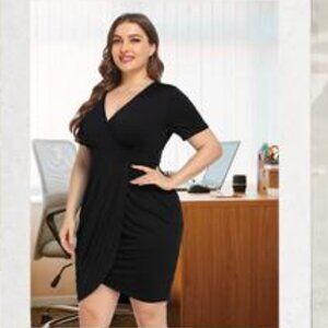 POSESHE Womens Plus Size Short Sleeve Deep V Neck Bodycon Wrap Dress with Front